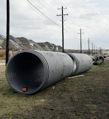 Cross-border logistics drainage — crew installing TDR PRO corrugated storm drain pipe at Panattoni at Premier near the World Trade Bridge, Laredo, Texas