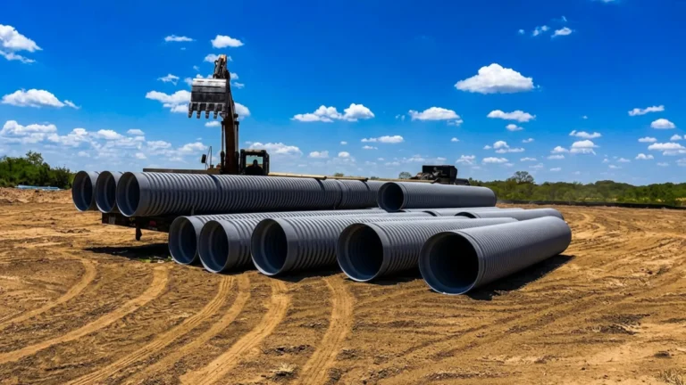 Industrial park drainage — 48-inch TDR PRO corrugated polypropylene pipe being lowered into the trench at Cedar Port, Baytown, Texas