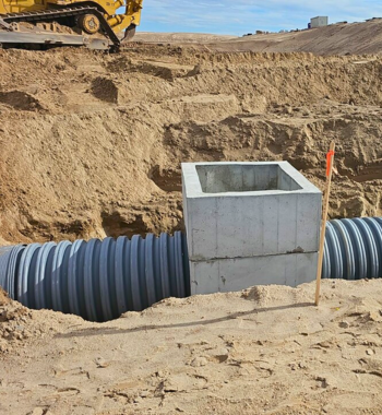 Large-diameter TDR PRO polypropylene storm drain pipe (18–48 in) in trench at West Texas Logistics Center, El Paso, TX