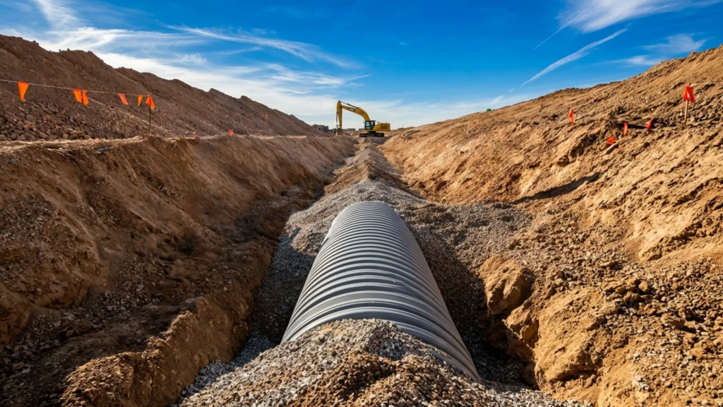 TDR PRO corrugated polypropylene pipe being installed at West Texas Logistics Center, El Paso, Texas