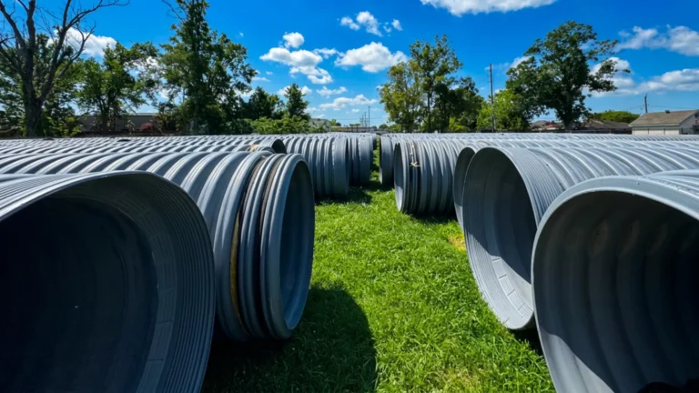 Corrugated polypropylene pipe Austin — TDR PRO 12–48 in pipe being lowered into the trench at Endeavor 290, Austin, Texas