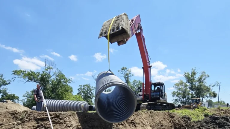 Corrugated polypropylene pipe Cleveland — TDR PRO 18–60 in pipe being installed in a trench at Faulkner Ridge, Cleveland, Texas
