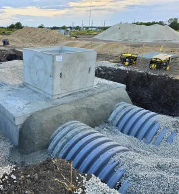 Corrugated polypropylene pipe San Marcos — lightweight TDR PRO PP storm pipe set on granular bedding at Whisper South, San Marcos, TX