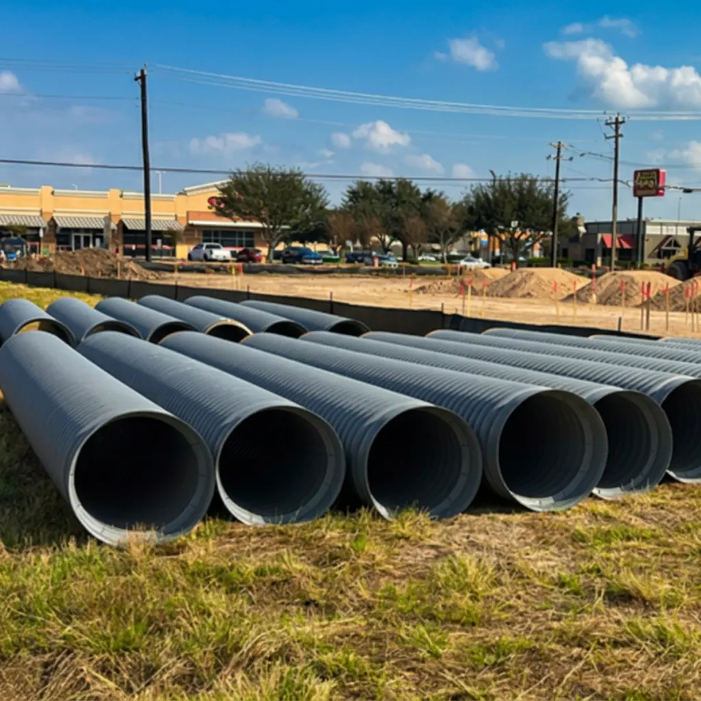 Corrugated polypropylene pipe Socorro — TDR PRO PP storm pipe set to grade in trench at TPA Socorro Logistics, Socorro, TX
