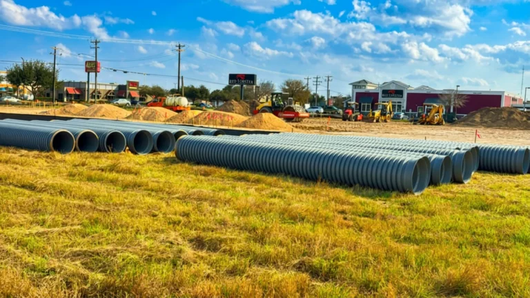 Corrugated polypropylene pipe Socorro — TDR PRO 30–48 in pipe being installed beneath concrete paving at TPA Socorro Logistics, Texas