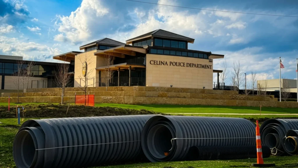 Cross-border logistics drainage — TDR PRO 15–36 in corrugated polypropylene pipe being installed at Panattoni at Premier Industrial Park, Laredo, Texas