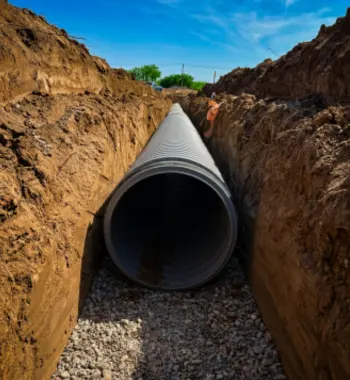 Industrial park drainage — crew installing 48-inch TDR PRO corrugated polypropylene storm pipe at Cedar Port, Baytown, Texas