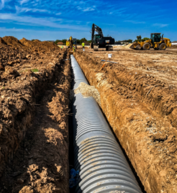TDR PRO polypropylene storm drain pipe (24–60 in) in trench at Anniston, Katy, TX