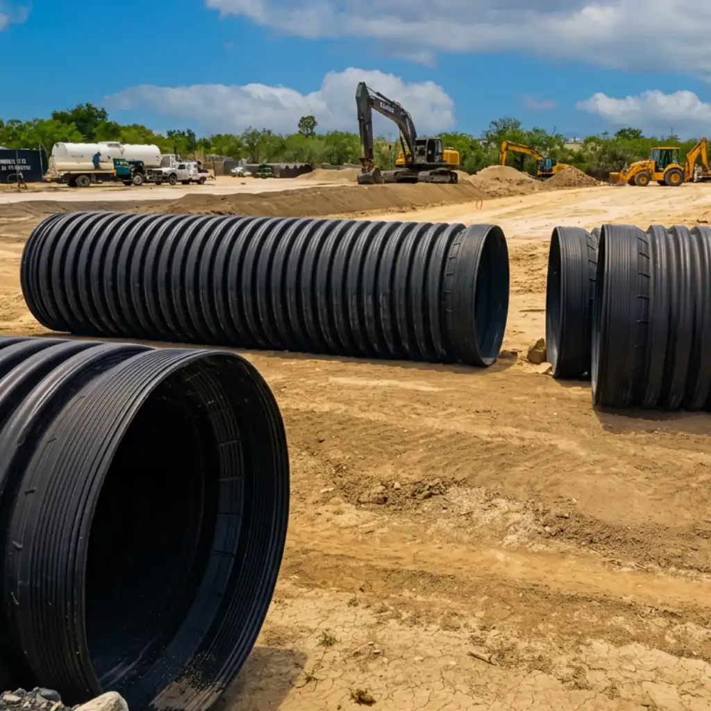 HDPE drainage pipe El Paso — crew installing TDR ULTRA corrugated HDPE drainage pipe for Building 1 at Rancho del Rey Logistics Park, El Paso, Texas