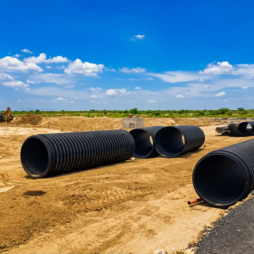 HDPE drainage pipe El Paso — TDR ULTRA HDPE pipe set beneath truck courts at Rancho del Rey Logistics Park near I-10 and Loop 375, El Paso, TX