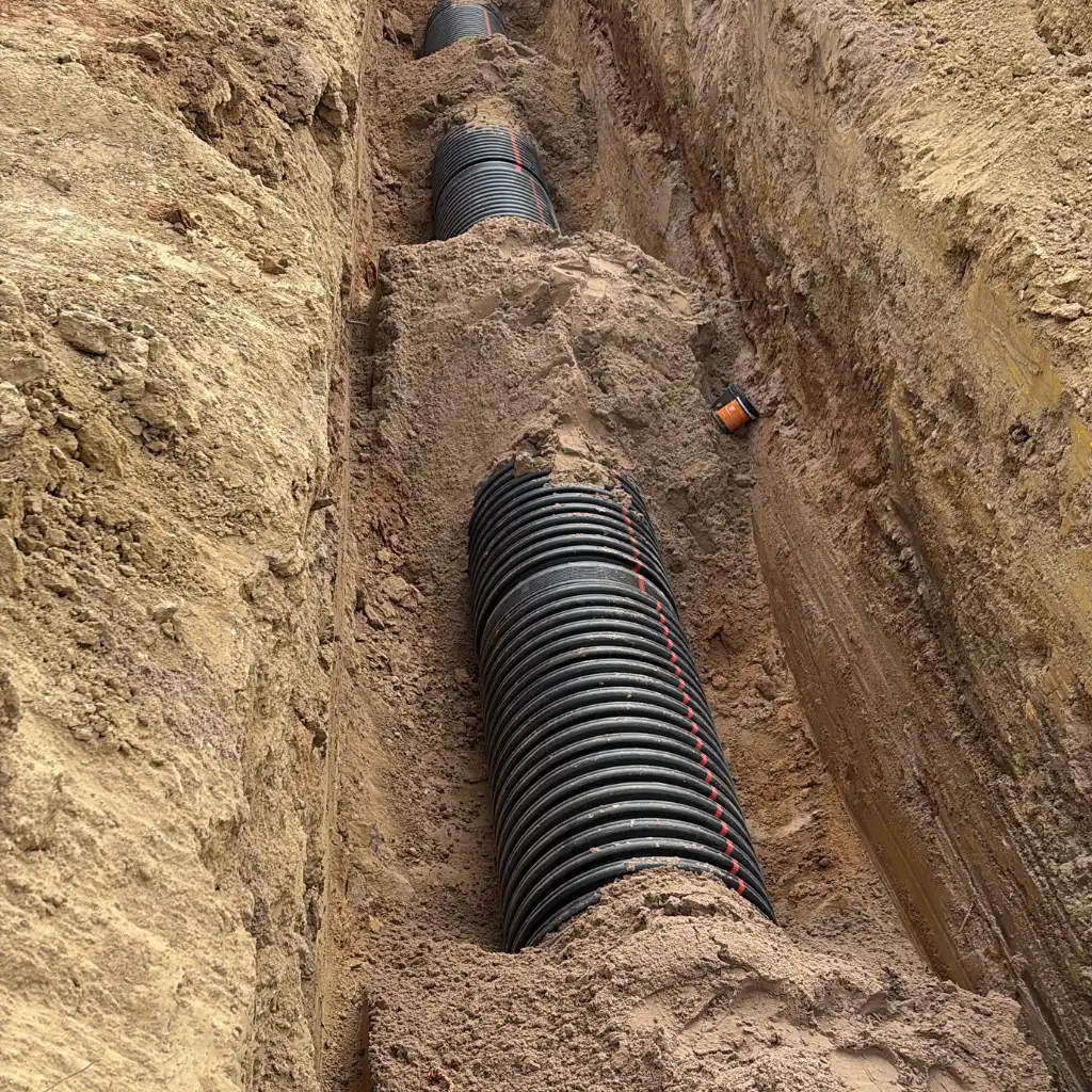 Athletic field drainage Fort Worth — TDR ULTRA HDPE pipe set beneath practice fields at North Crowley High School, Fort Worth, TX
