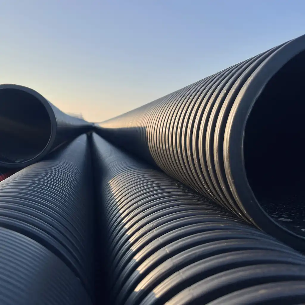 School campus drainage Whitesboro — crew installing TDR ULTRA corrugated HDPE drainage pipe across the Whitesboro High School campus, Whitesboro, Texa