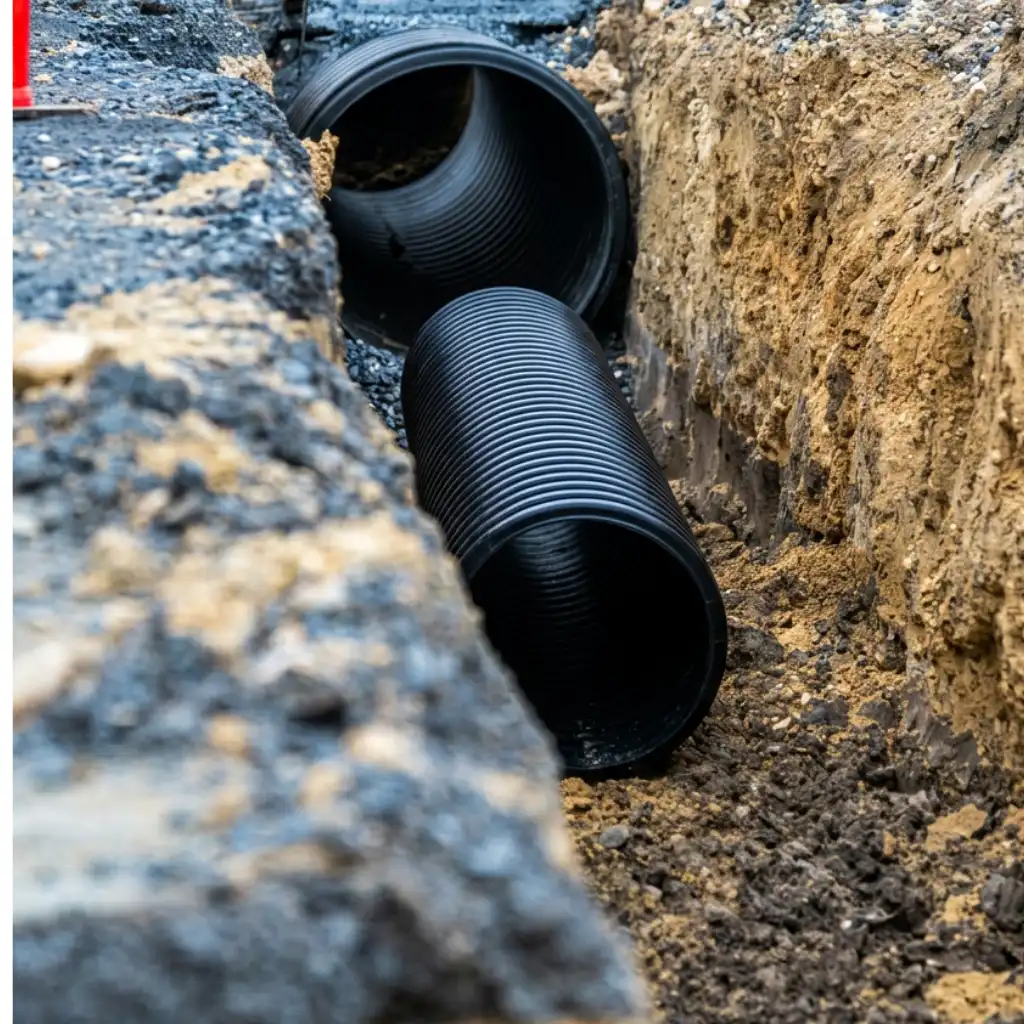 Distribution center drainage El Paso — crew installing TDR ULTRA corrugated HDPE drainage pipe beneath van loading zones at the Amazon West Delivery Station, El Paso, Texas