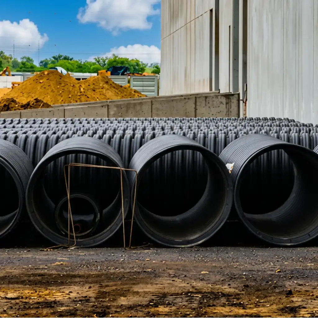 Distribution center drainage El Paso — TDR ULTRA HDPE pipe routed around footings and utilities at the Amazon last-mile facility, West El Paso, TX