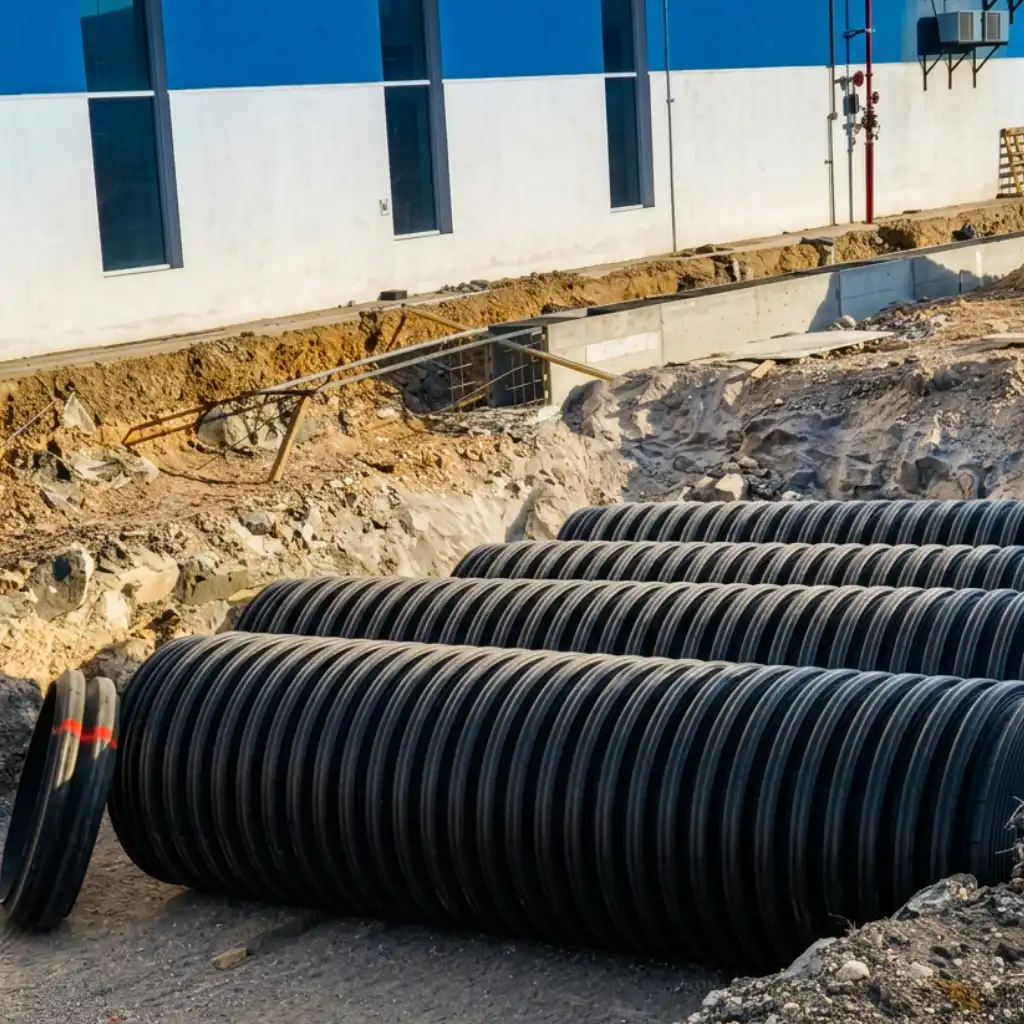 Heavy-haul road drainage Baytown — crew installing TDR ULTRA corrugated HDPE drainage pipe under the FM 1405 heavy-haul corridor, Baytown, Texas