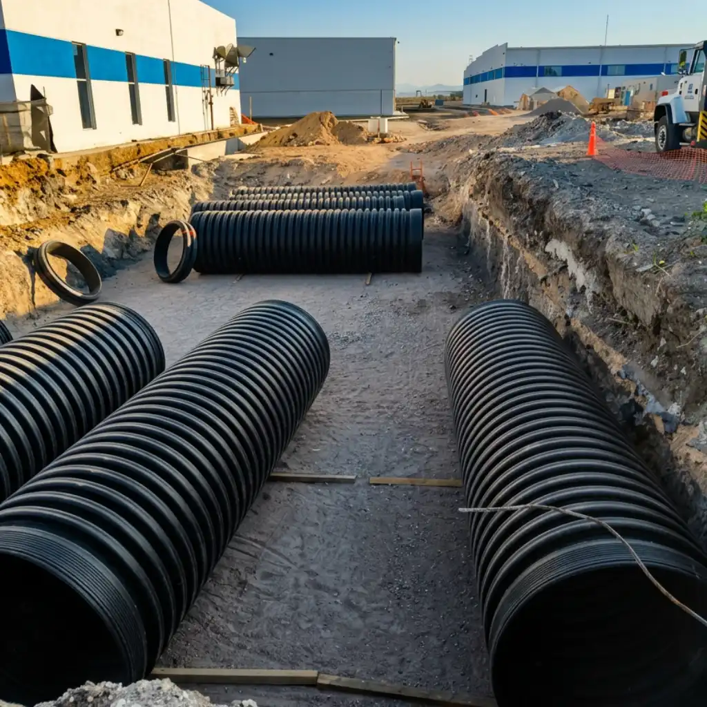 Heavy-haul road drainage Baytown — large-diameter TDR ULTRA HDPE pipe set beneath a heavy-haul route at TGS Cedar Port Industrial Park, Baytown, TX