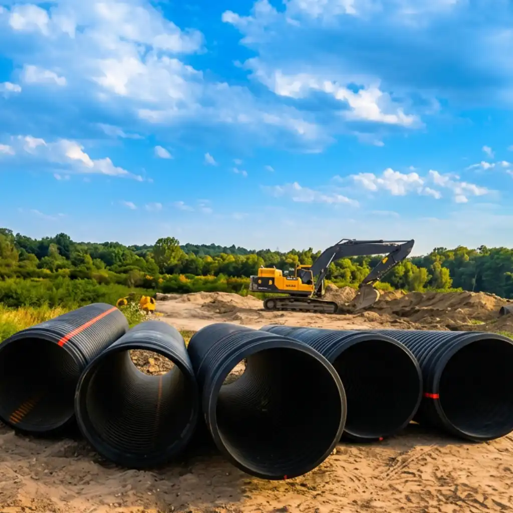 Industrial park drainage Katy — TDR ULTRA 12–60 in corrugated HDPE pipe being installed at Grand Central West Industrial Park, Katy, Texas