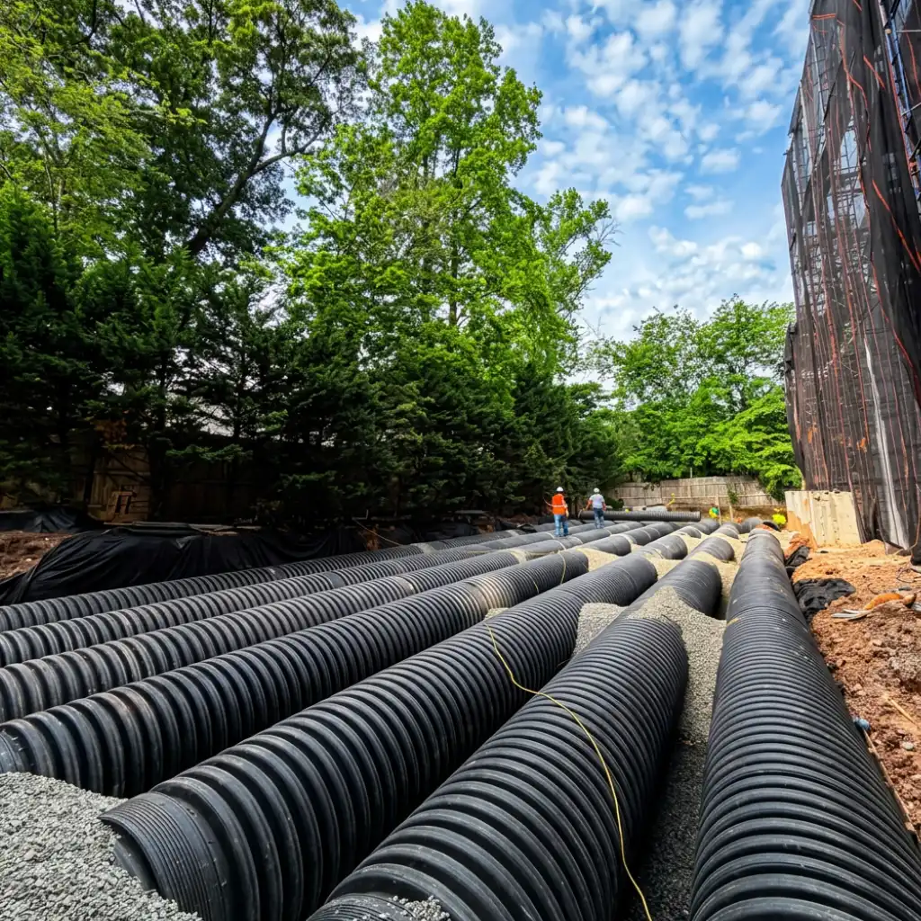 Retention system in Staten Island NY — installing 36-inch TDR HDPE detention pipe in a stone-lined bed at the Fingerboard Yeshiva site