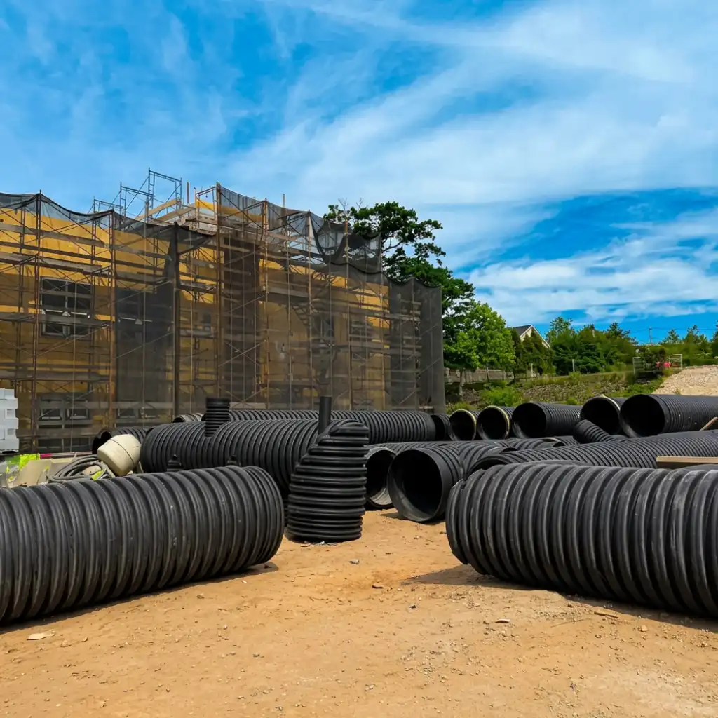 Retention system in Staten Island NY — TDR HDPE laterals connecting stormwater planters and area drains at the Fingerboard Yeshiva site