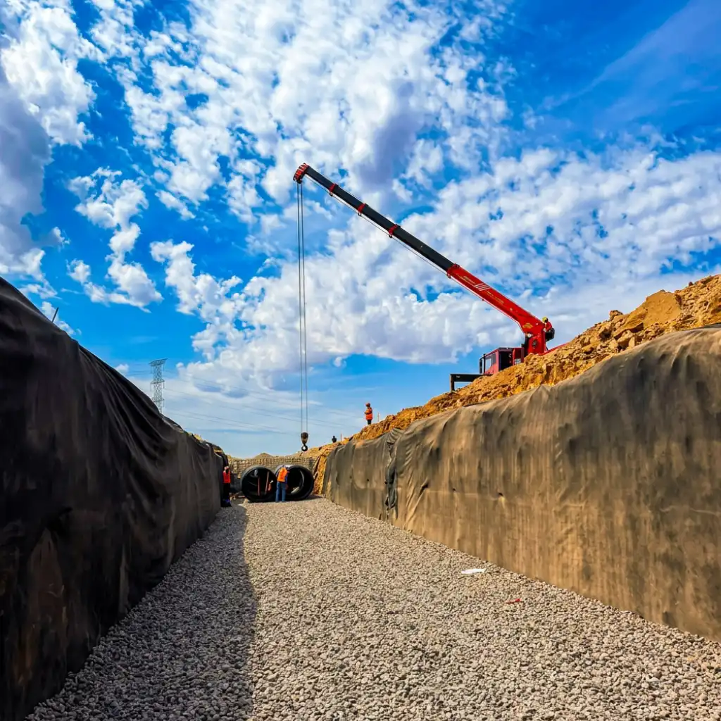 Complete French drain system with TDR ULTRA perforated HDPE pipe and geotextile fabric