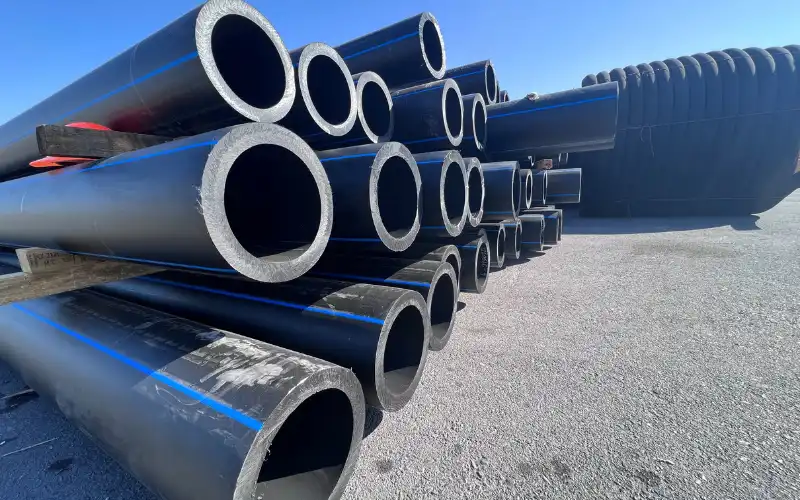 TDR FORZA HDPE pressure pipe inventory stock showing multiple sizes and pressure ratings